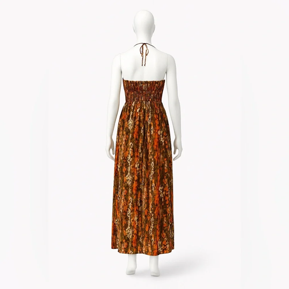 Caren Sport Smocked Maxi Dress w/ Beaded Halter Strap – Orange Brown Print Sz 1x - Picture 2 of 7